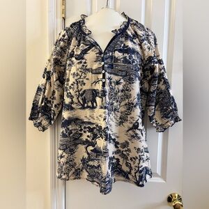 Weekend by Suzanne Betro Tunic Top cotton blue tan gauzy toile floral animals XL